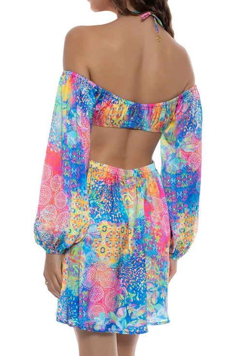 Luli Fama Deco Gardens Halter Long Sleeve Cut Out Short Dress